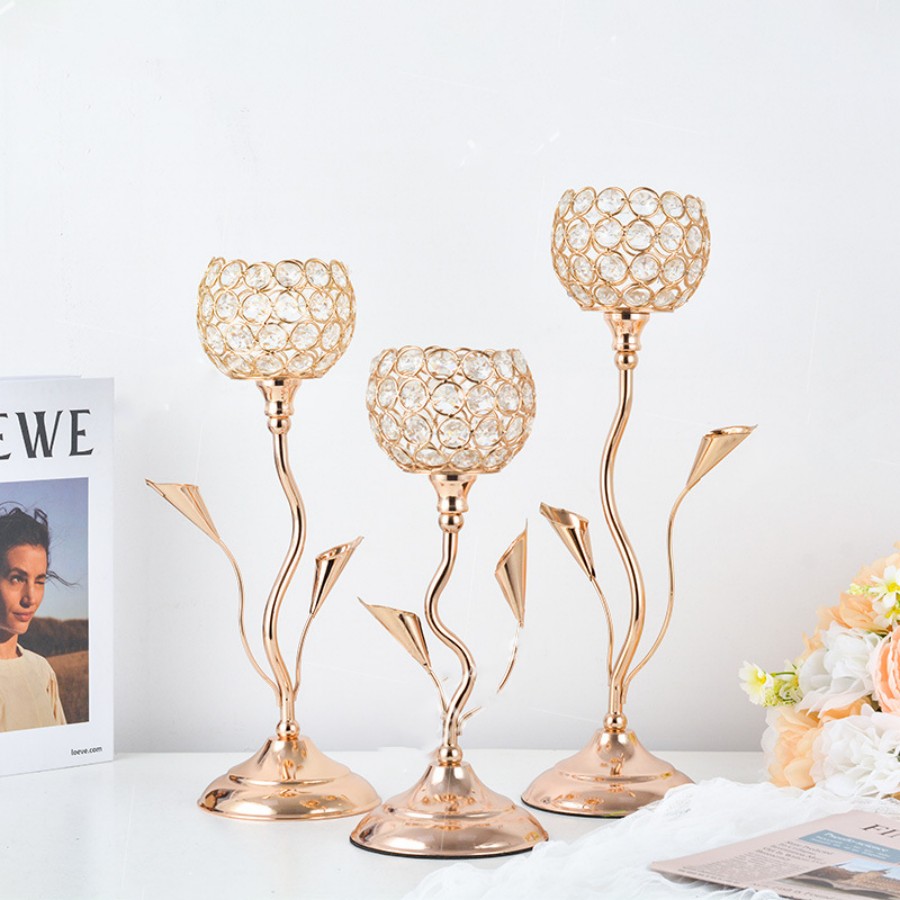 Unity Candle Set - Gold Crystal Candle Holder, Iron Flower